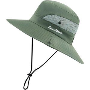 Unisex Army Green Polyester Wide Brim Mesh Vent Chin Strap Classic Cowboy Hat